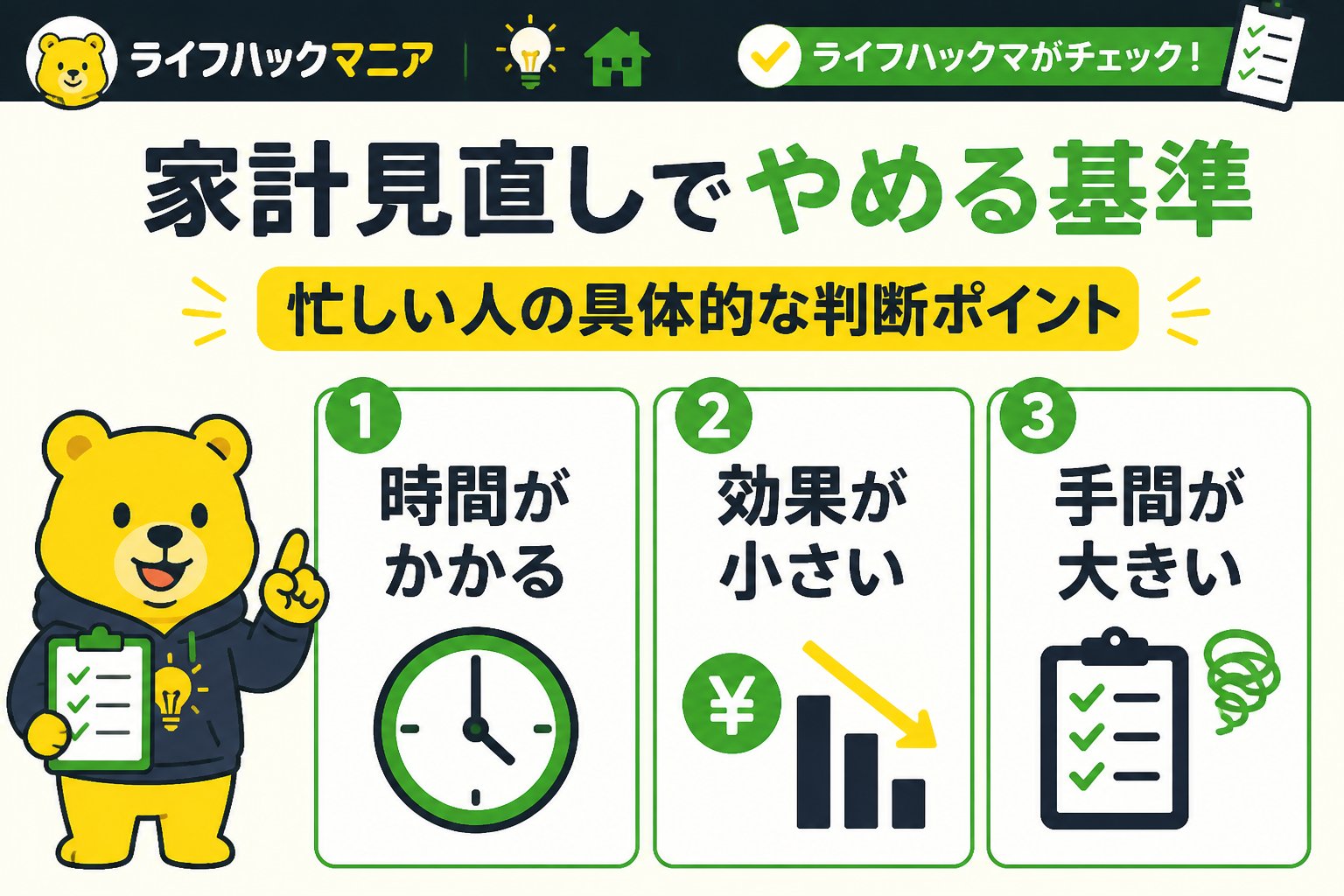節約・お金 家計見直し忙しい人やめる基準の具体的な判断ポイント