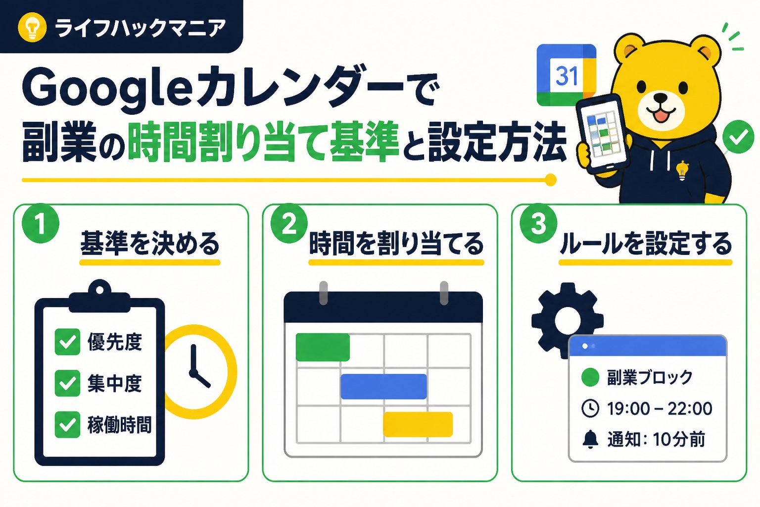 スマホ・PC術 Googleカレンダーを使った副業の時間割り当て基準と設定方法