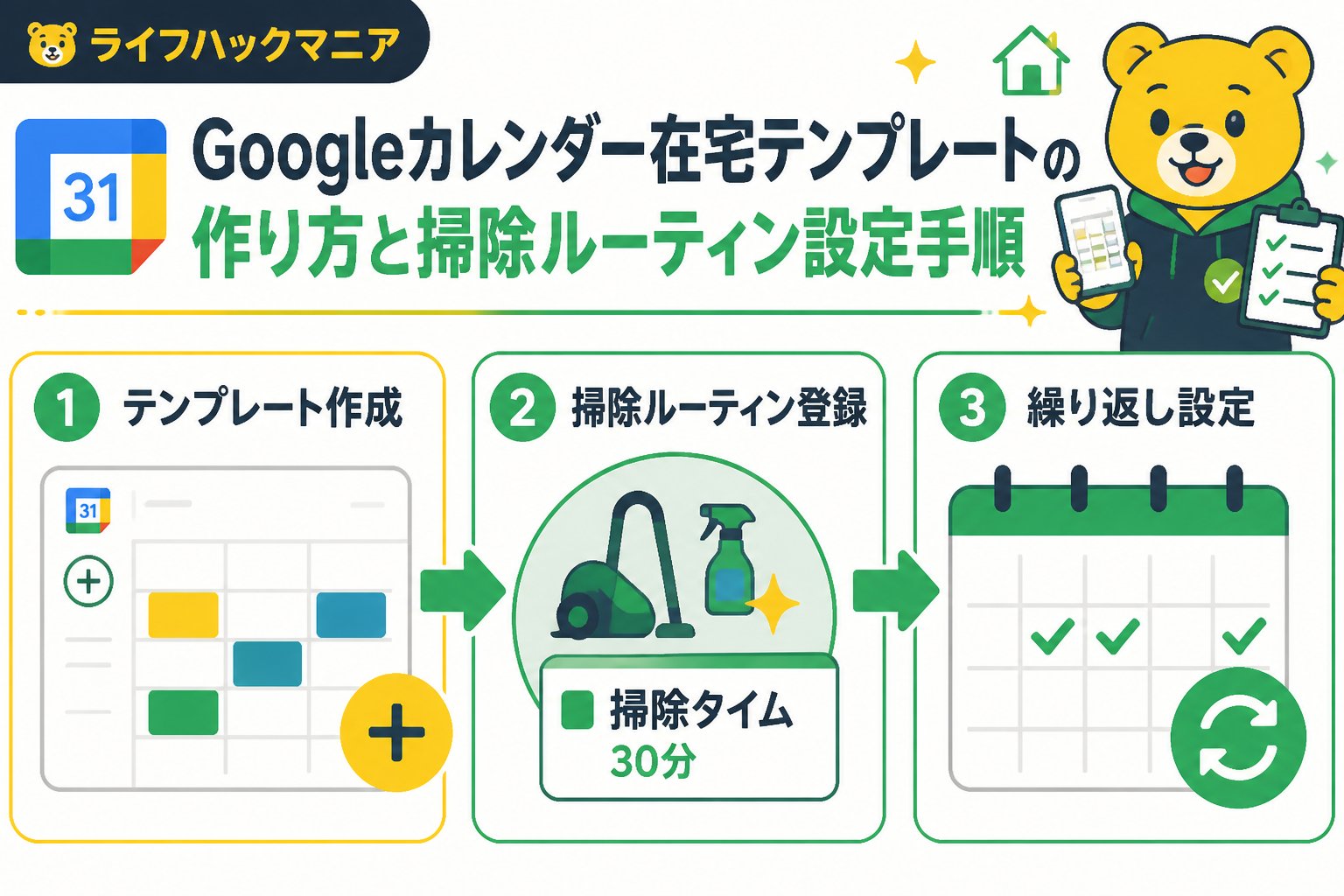 スマホ・PC術 Googleカレンダー在宅テンプレートの作り方と掃除ルーティン設定手順