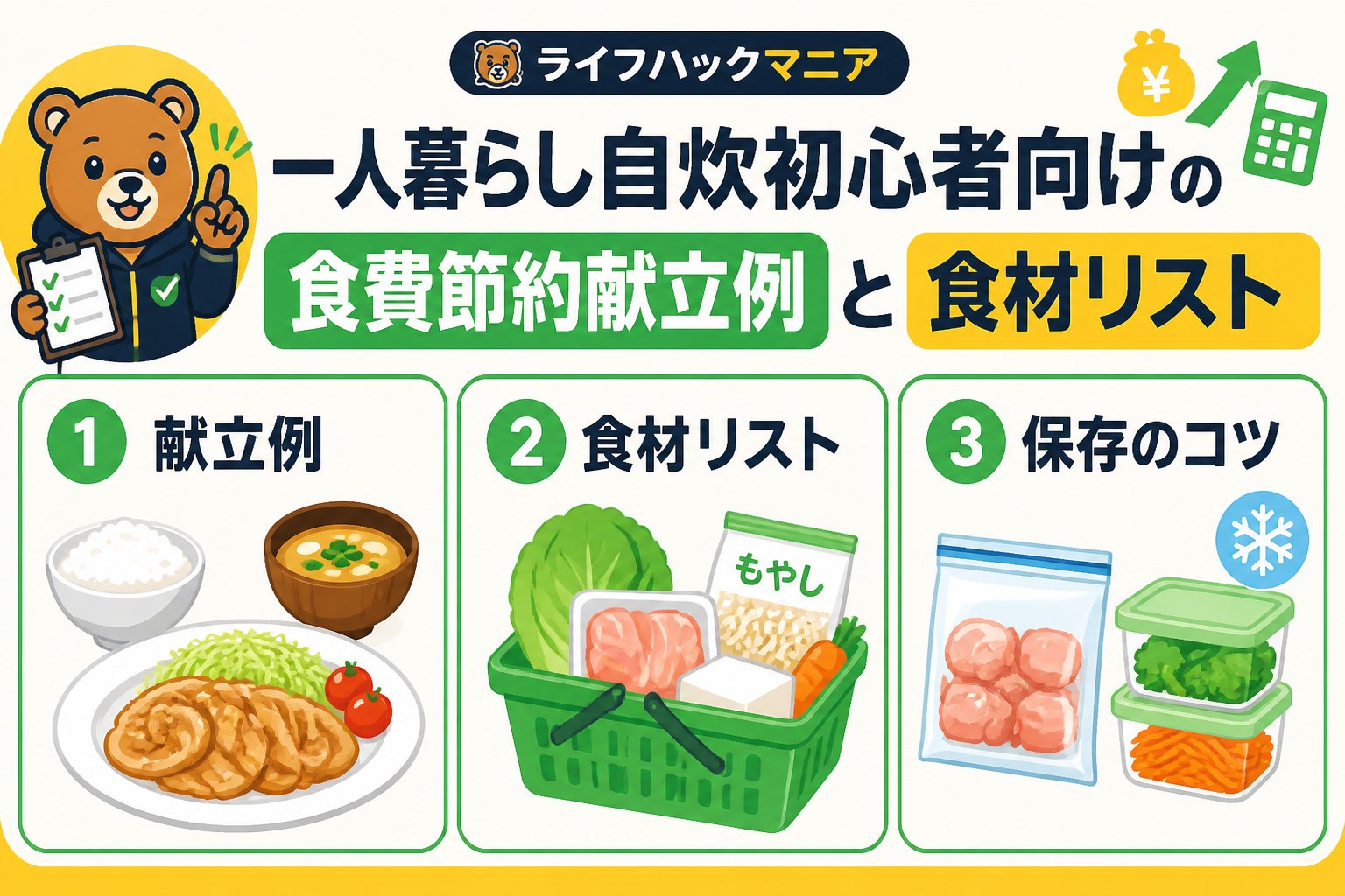 食費節約・自炊 一人暮らし自炊初心者向けの食費節約献立例と食材リスト