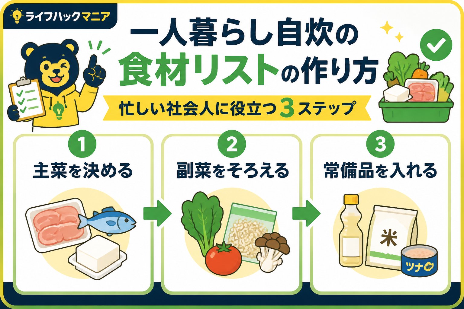食費節約・自炊 一人暮らし自炊の食材リスト(忙しい社会人)