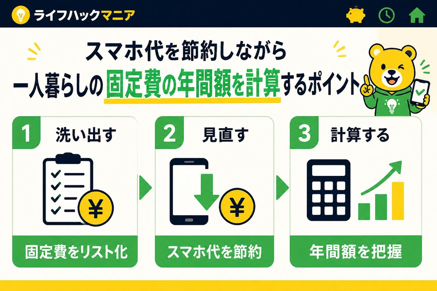 節約・お金 スマホ代を節約しながら一人暮らしの固定費の年間額を計算するポイント
