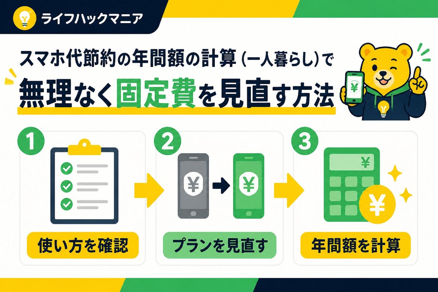 節約・お金 スマホ代、節約、一人暮らし、年間額、計算を含む固定費見直しの具体的な手順