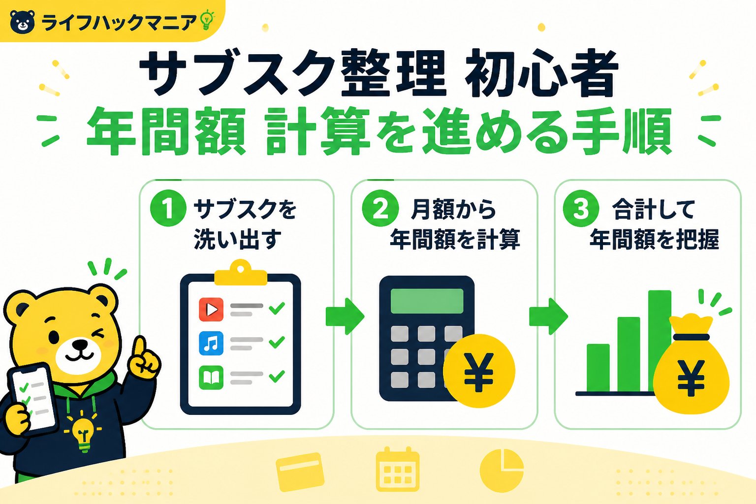 節約・お金 サブスク整理 初心者 年間額 計算を進める手順