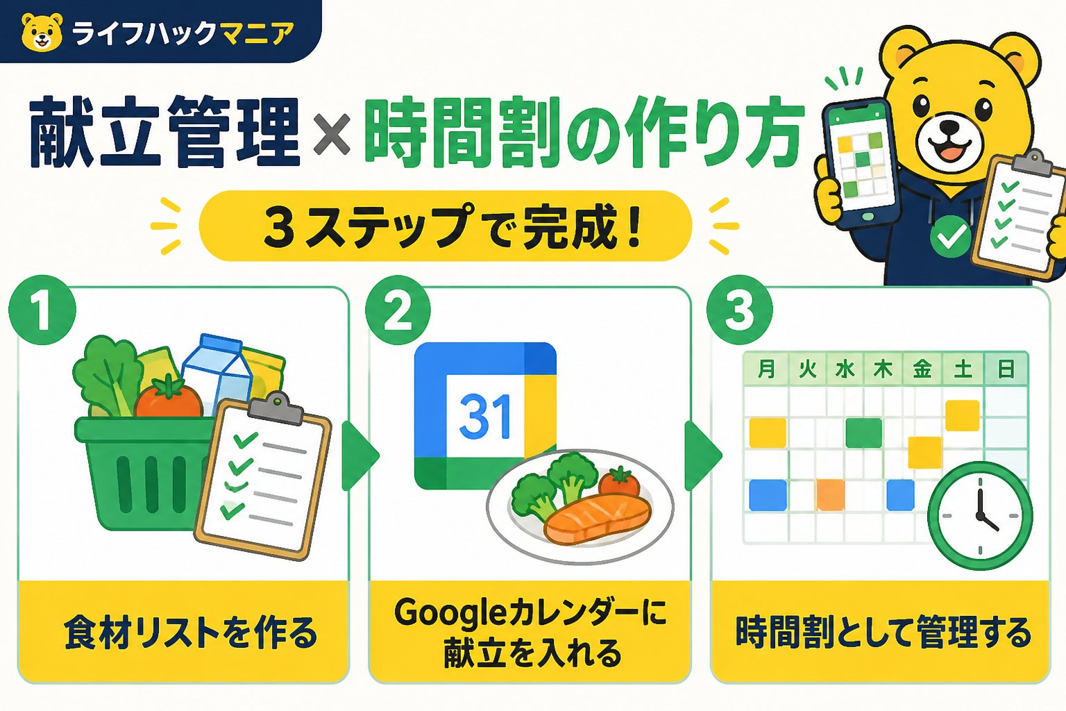 スマホ・PC術 献立 管理 一人暮らし 時間割 作り方を進める手順