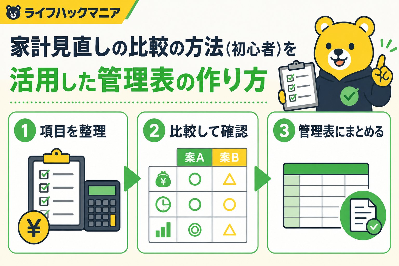 節約・お金 家計見直しの比較の方法（初心者）を活用した管理表の作り方