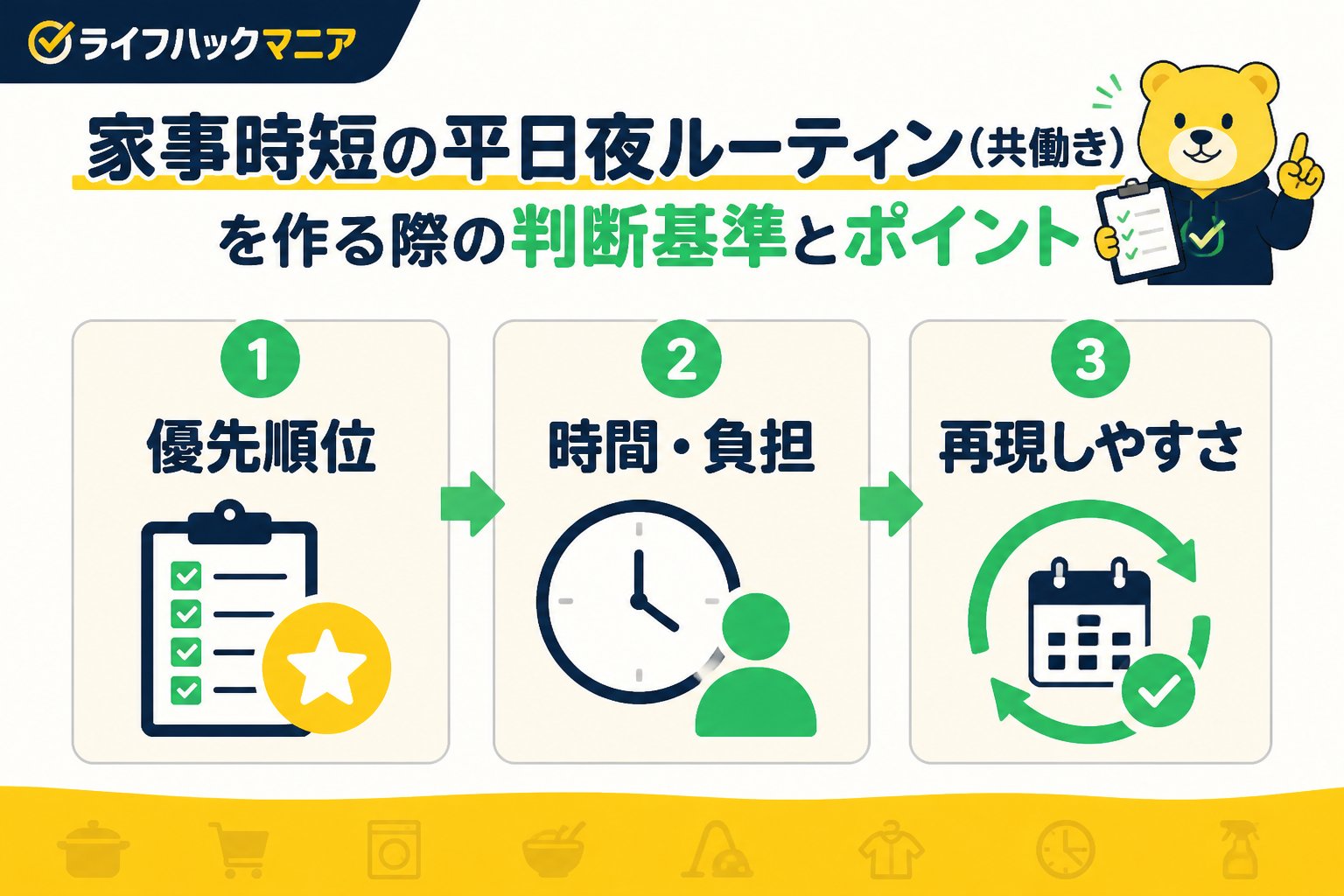 スマホ・PC術 家事時短の平日夜ルーティン(共働き)を作る際の判断基準とポイント