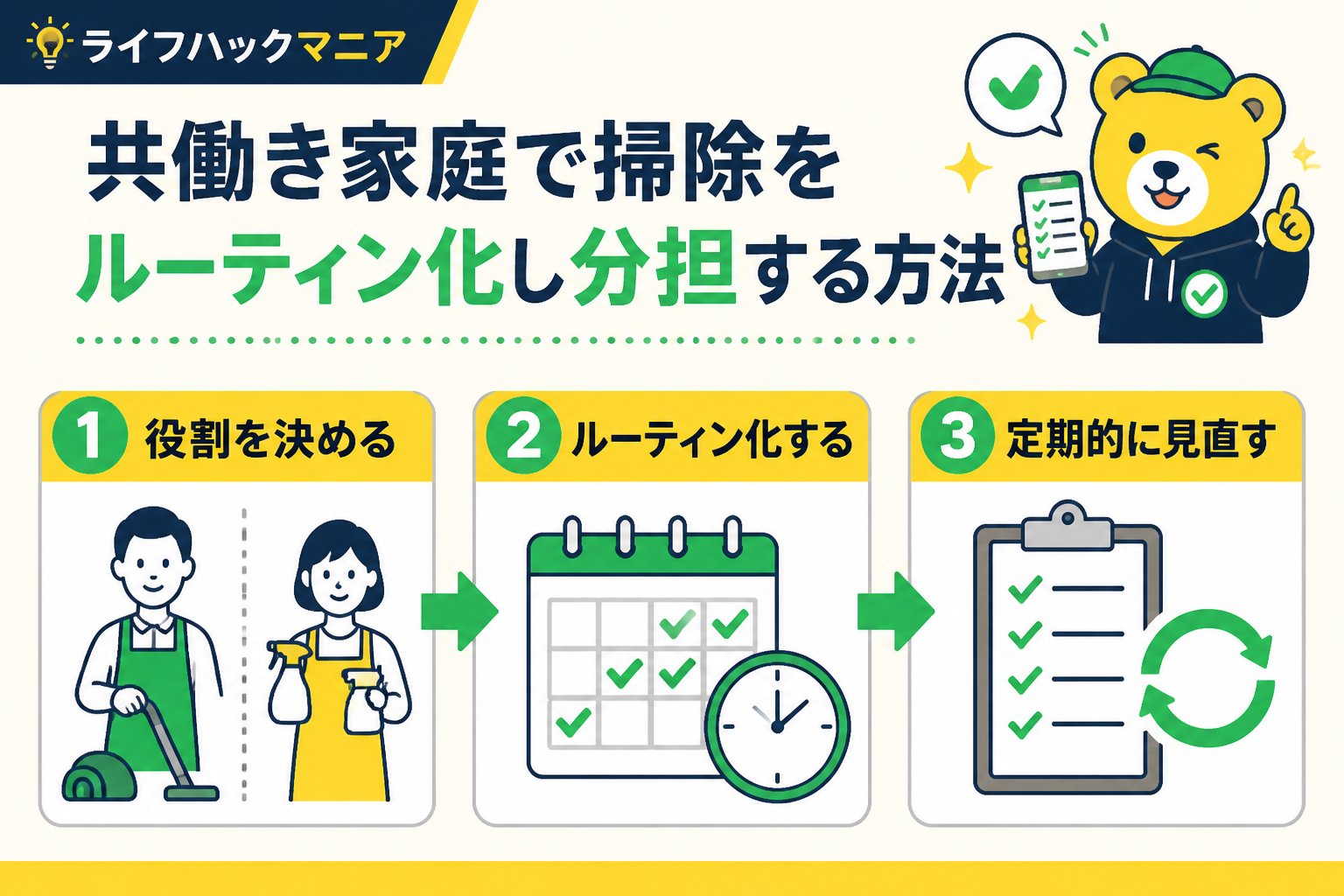 スマホ・PC術 掃除ルーティンの分担の方法（共働き）を含む効果的な掃除ルーティンの分担の方法（共働き）