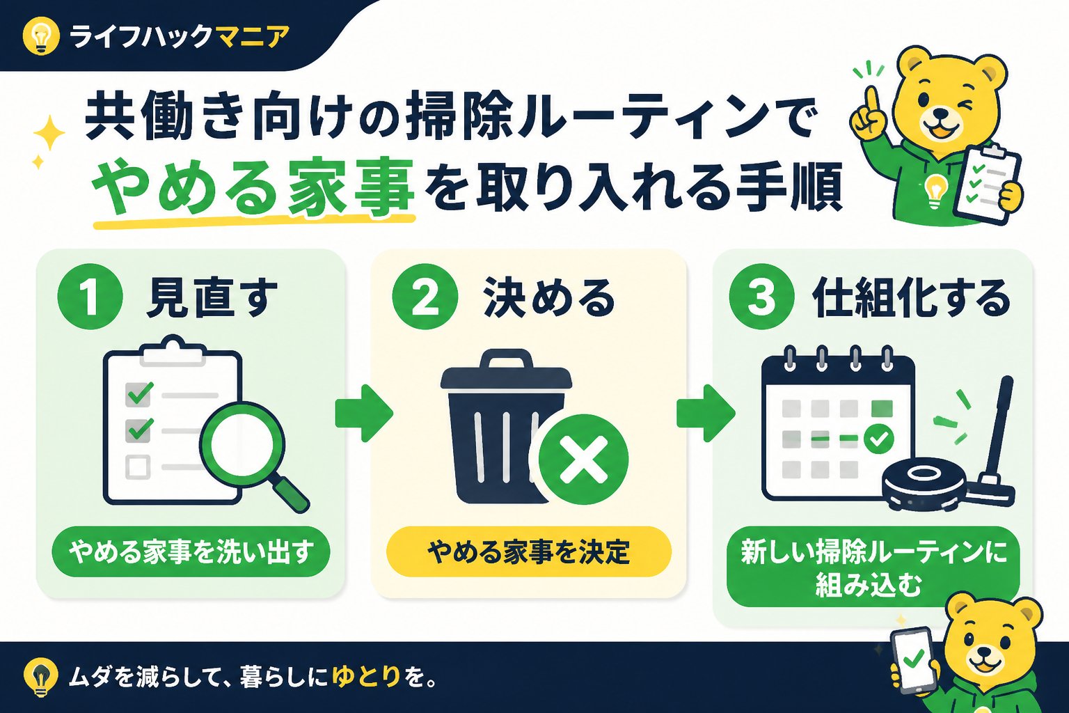 スマホ・PC術 共働き向けの掃除ルーティンでやめる家事を取り入れる具体的な手順